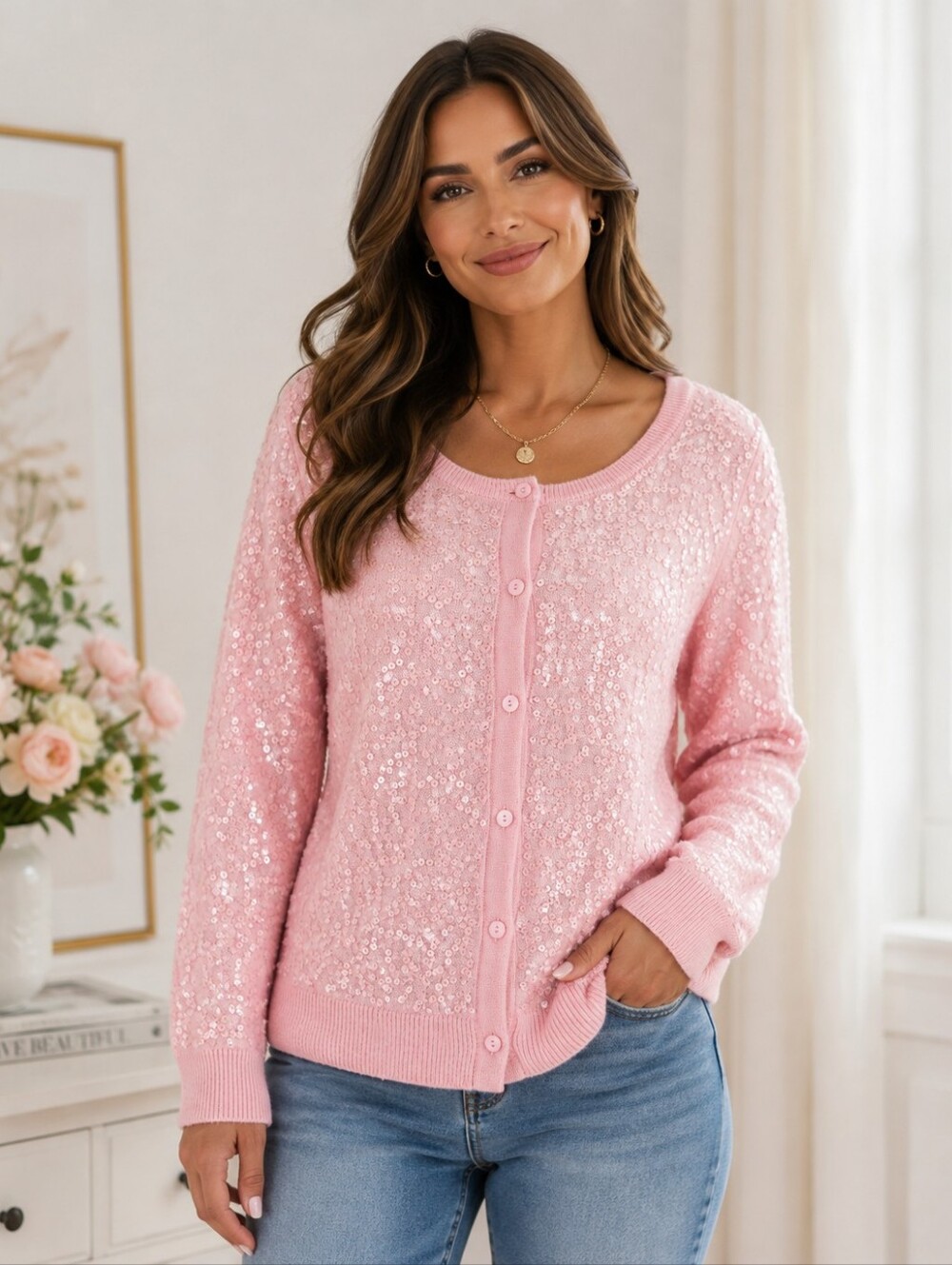 BOSTON PROPER PINK SEQUIN SWEATER CARDIGAN SZ S